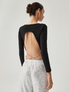 Open Back Chain Decor Long Sleeve Crop Top sold by COMMENSE