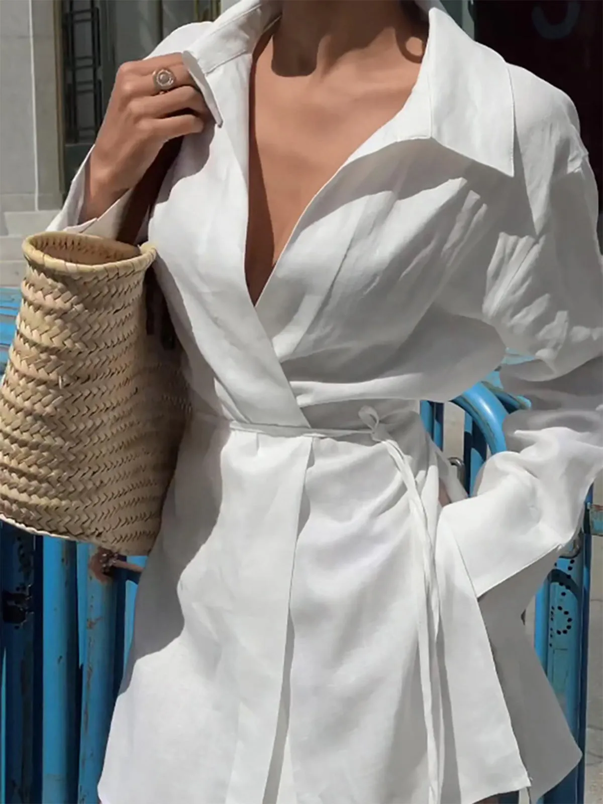Cotton & Linen Long Sleeve Tied Blouse sold by COMMENSE product image thumbnail 2