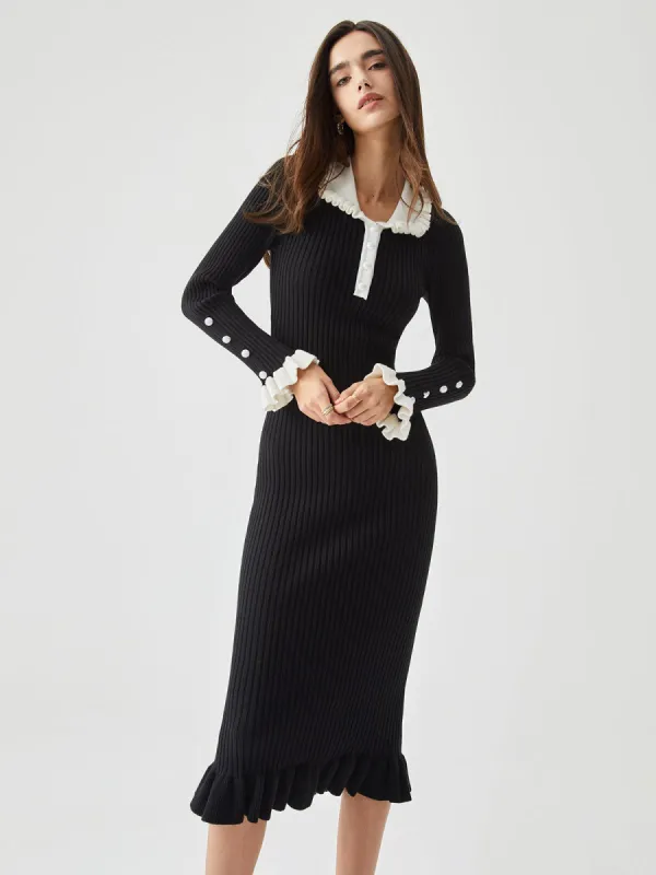 Contrast Trim Ruffled Button-up Ribbed Knit Sweater Midi Dress sold by COMMENSE