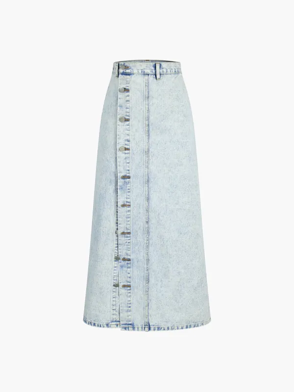 Button Down Denim Maxi Skirt sold by COMMENSE