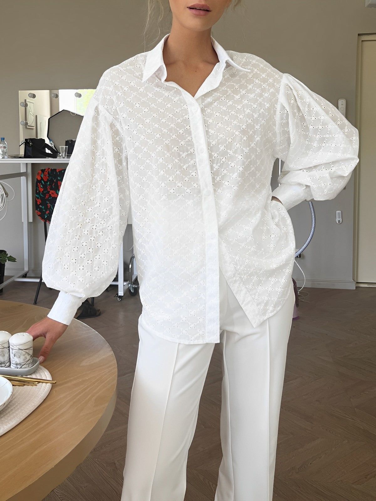 Oversized Eyelet Cover Up Shirt sold by COMMENSE