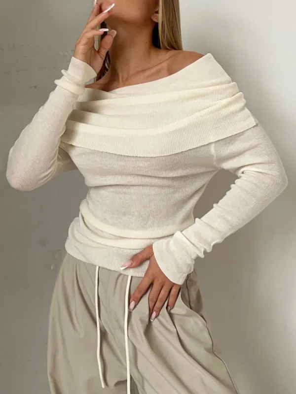 Ribbed Knit Long Sleeve Overfold Off Shoulder Top sold by COMMENSE