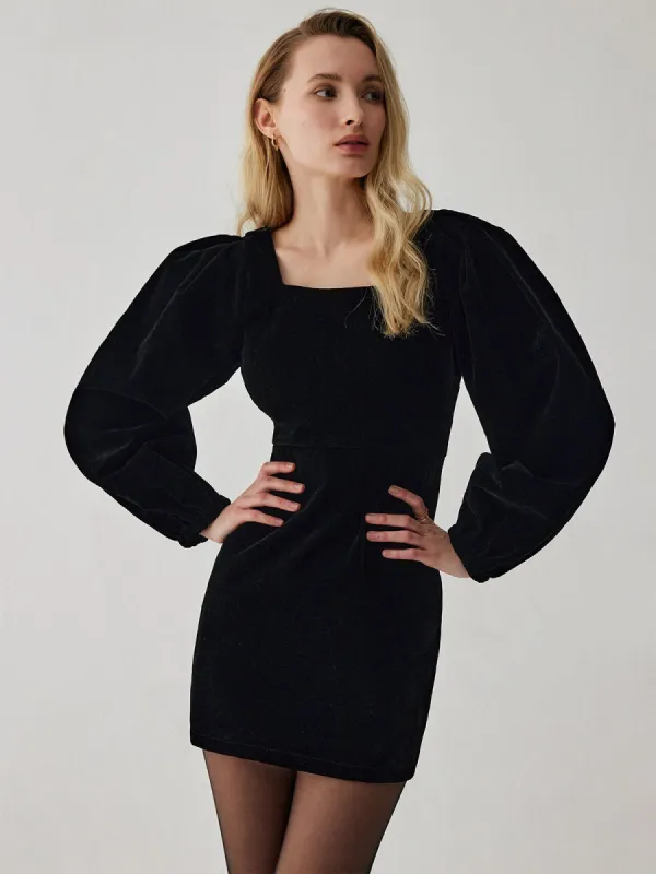 Velvet Square Neck Puff Sleeve Mini Dress sold by COMMENSE
