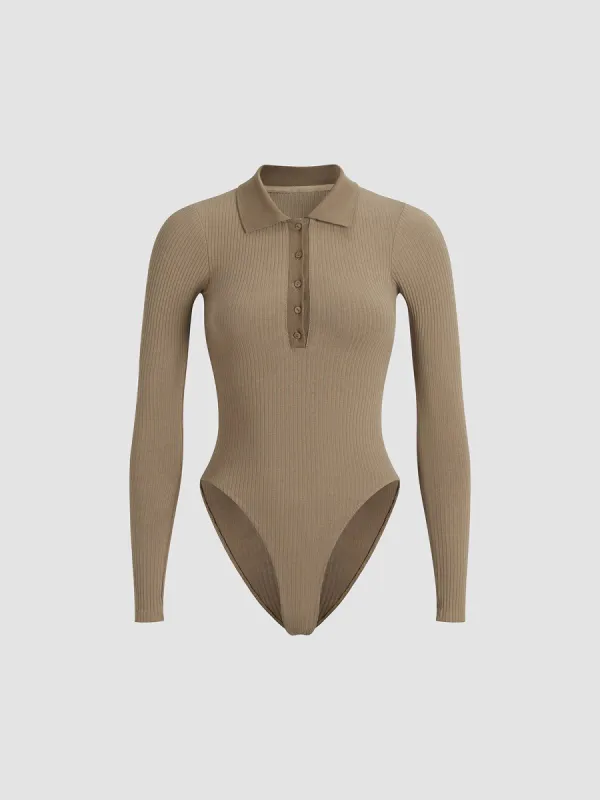 Button Detail Collar Bodysuit sold by COMMENSE