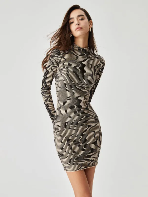 Striped Wavy Print Mock Neck Sweater Short Dress sold by COMMENSE