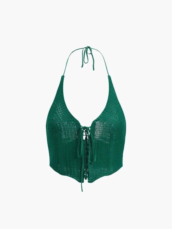 Tied Open Back Crochet Crop Top sold by COMMENSE