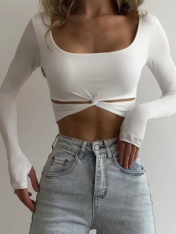 Twist Long Sleeve Crop Shirt sold by COMMENSE