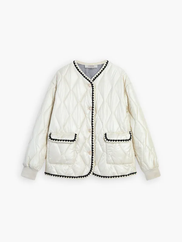 Embroidered Trim Double Pockets Quilted Coat sold by COMMENSE