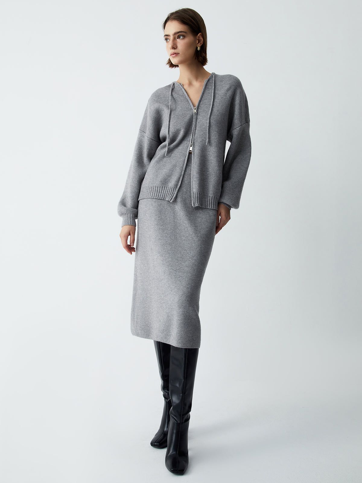 Hooded Knit Cardigan Two Piece Skirt Set sold by COMMENSE