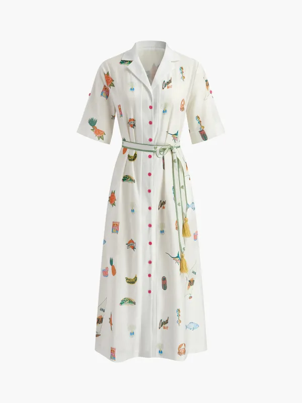 Print Collared Button Belted Dress sold by COMMENSE