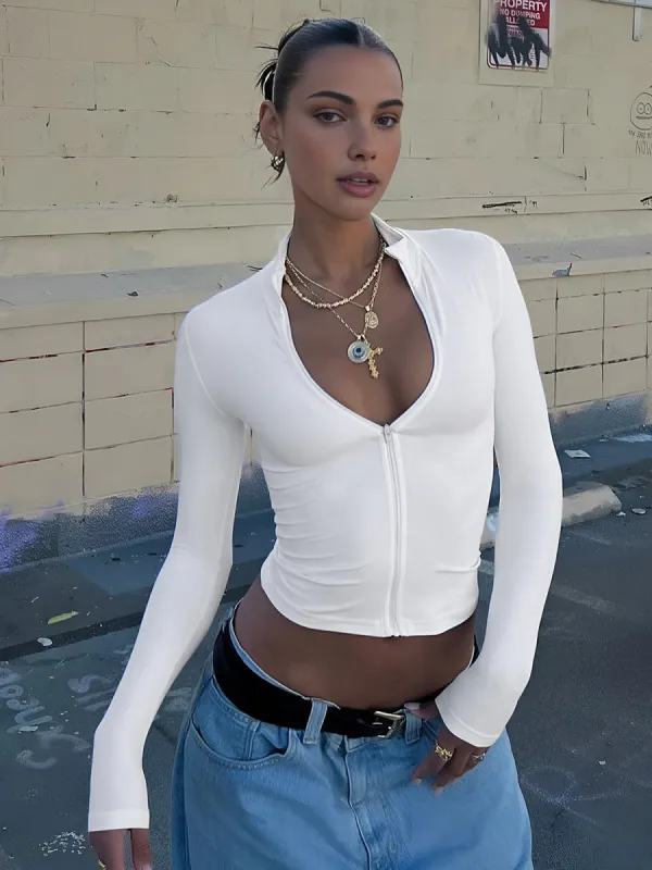Solid Snug Zipper Detail Long Sleeve Blouse sold by COMMENSE