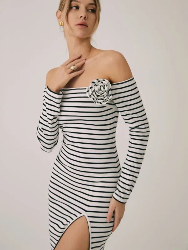 Off-Shoulder Rosette Split Midi Dress sold by COMMENSE