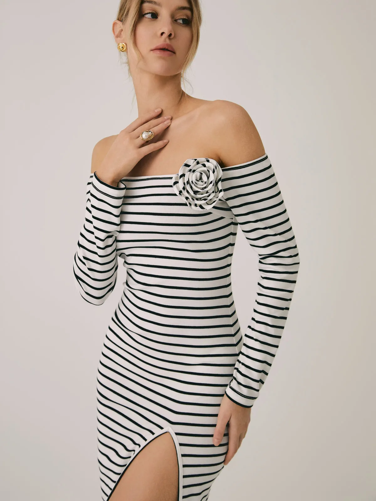 Off-Shoulder Rosette Split Midi Dress sold by COMMENSE