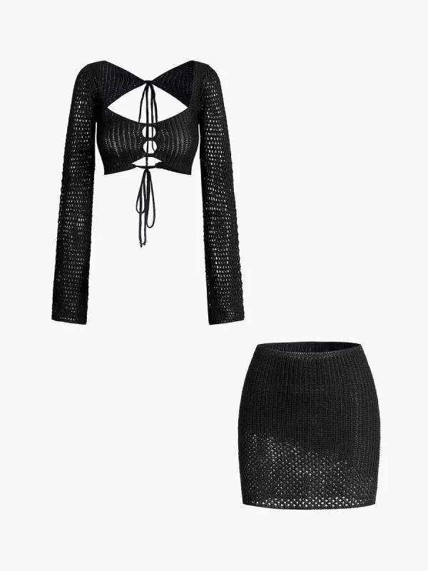 Leisure Crochet Eyelet Tied Two Piece Skirt Set sold by COMMENSE