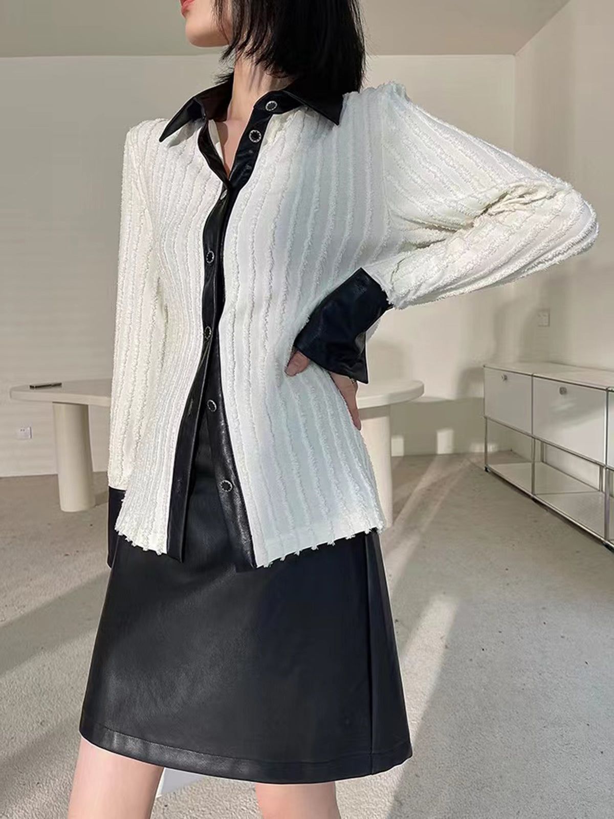 Contrast Trim Patchwork Cable Collared Long Sleeve Knit Shirt sold by COMMENSE