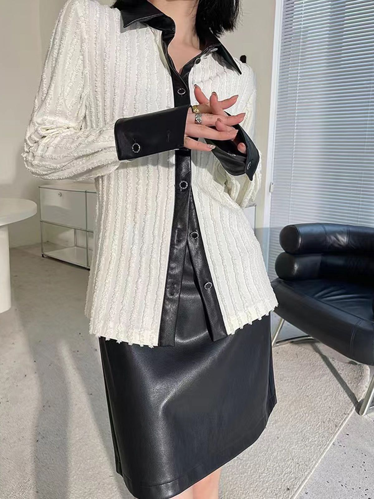 Contrast Trim Patchwork Cable Collared Long Sleeve Knit Shirt sold by COMMENSE product image thumbnail 2