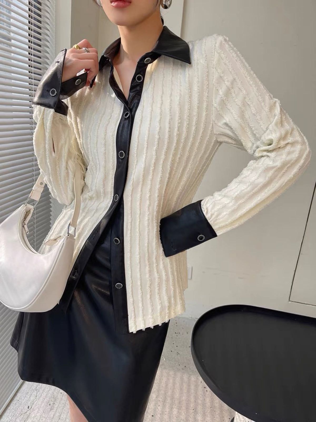 Contrast Trim Patchwork Cable Collared Long Sleeve Knit Shirt sold by COMMENSE product image thumbnail 3