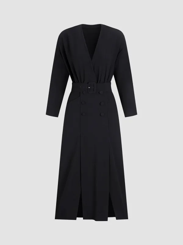 V-Neck Belted Zip Midi Dress sold by COMMENSE