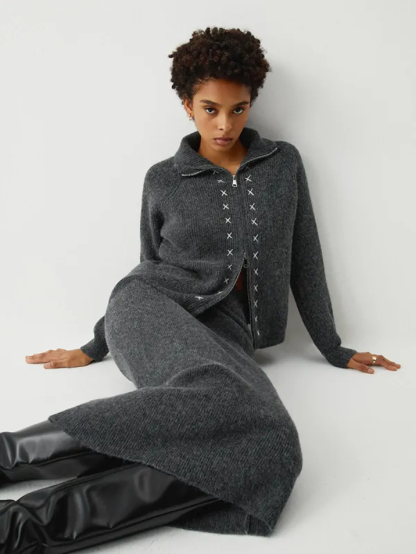 Contrast Stitches Two Way Zip Long Sleeve Two Piece Skirt Set sold by COMMENSE