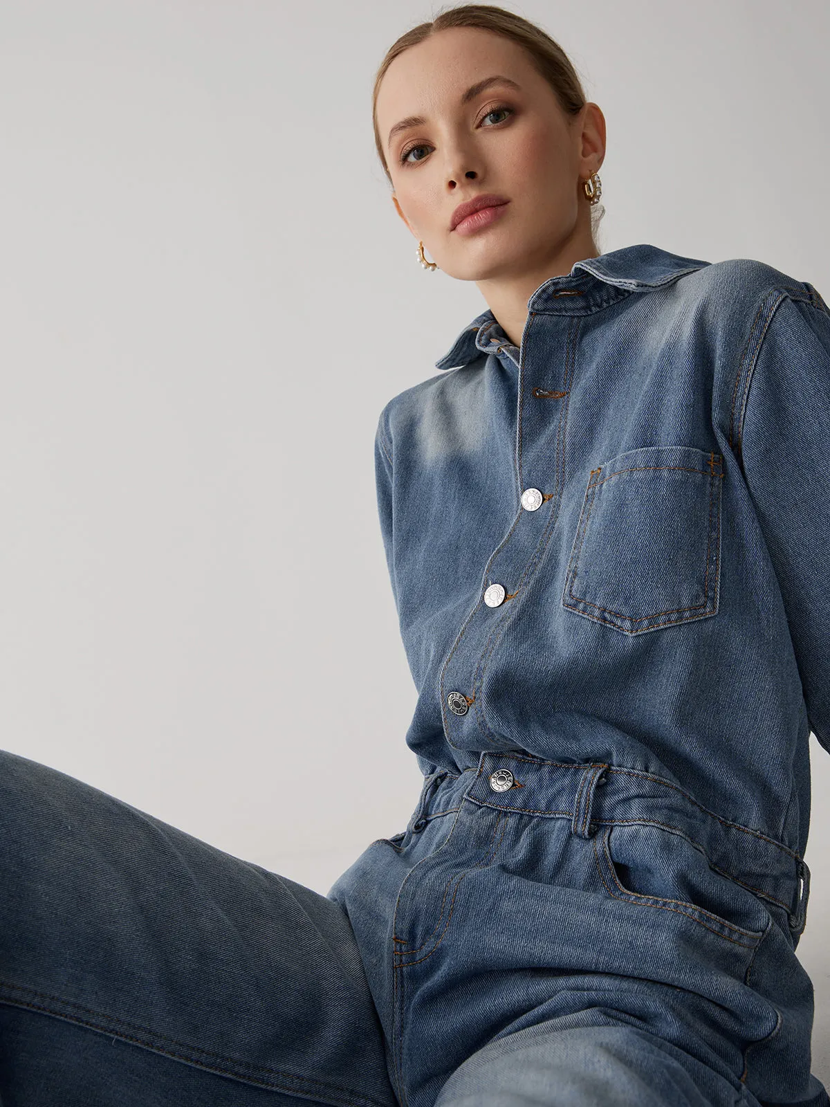 Denim Lapel Button Straight Leg Jumpsuit sold by COMMENSE product image thumbnail 4