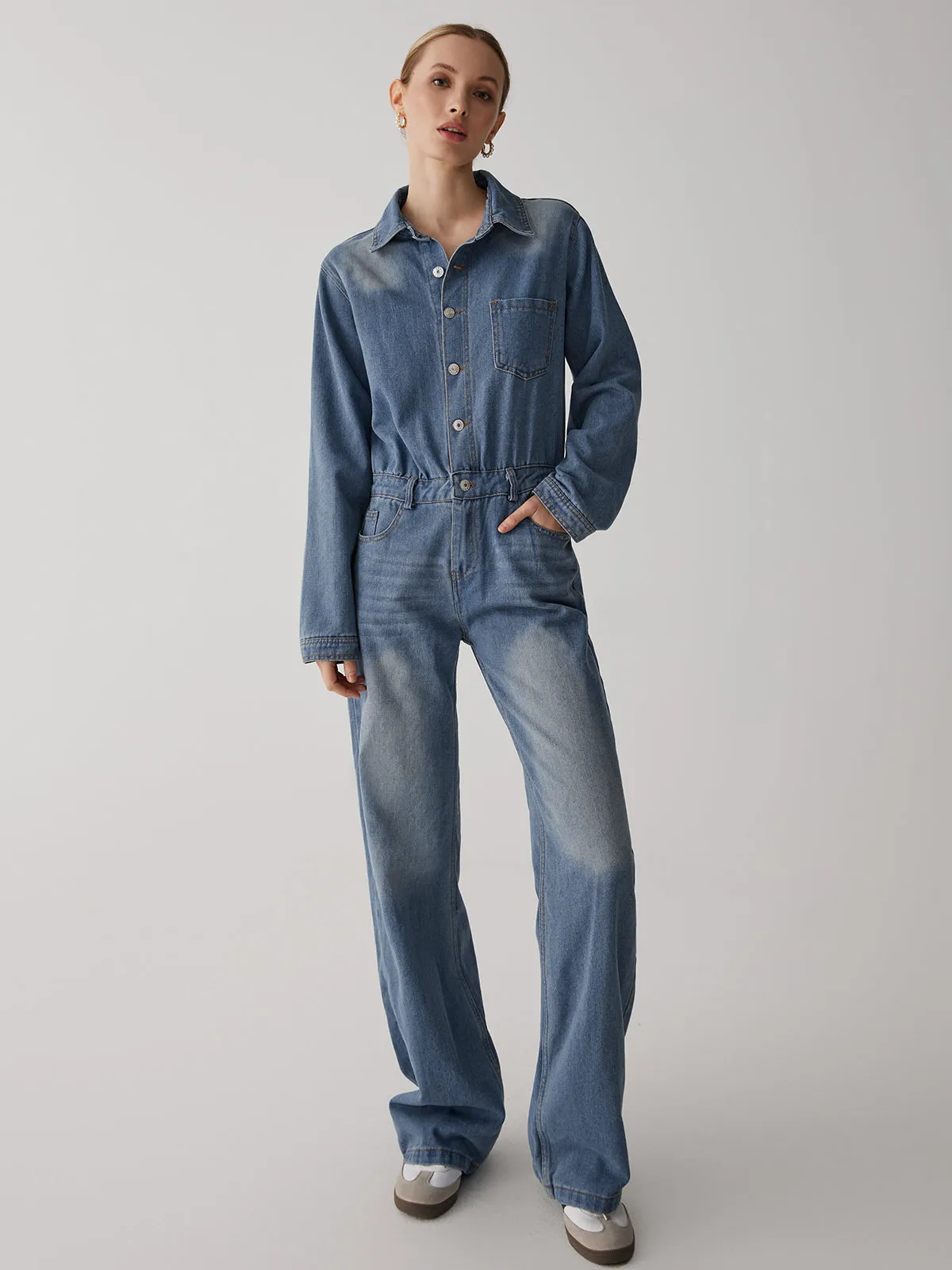 Denim Lapel Button Straight Leg Jumpsuit sold by COMMENSE