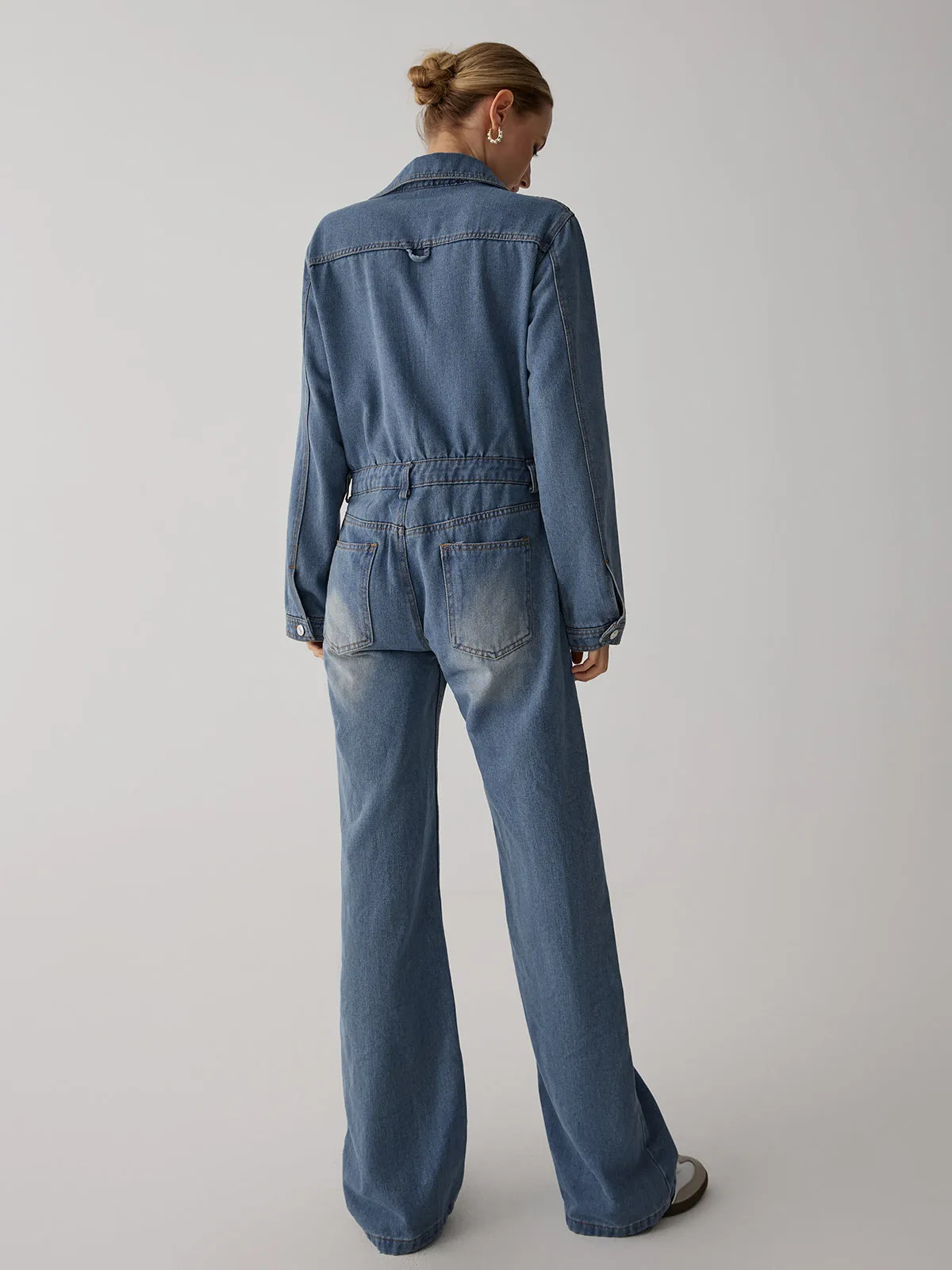 Denim Lapel Button Straight Leg Jumpsuit sold by COMMENSE product image thumbnail 5