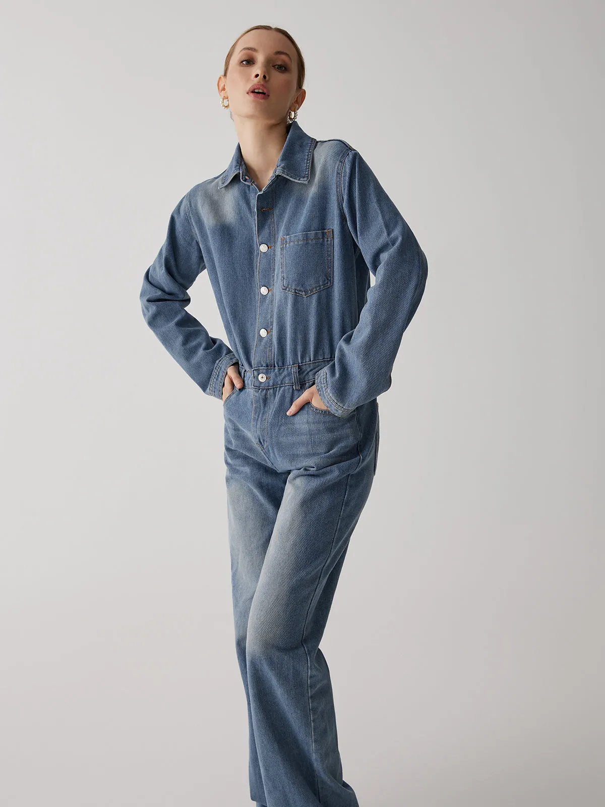 Denim Lapel Button Straight Leg Jumpsuit sold by COMMENSE product image thumbnail 2
