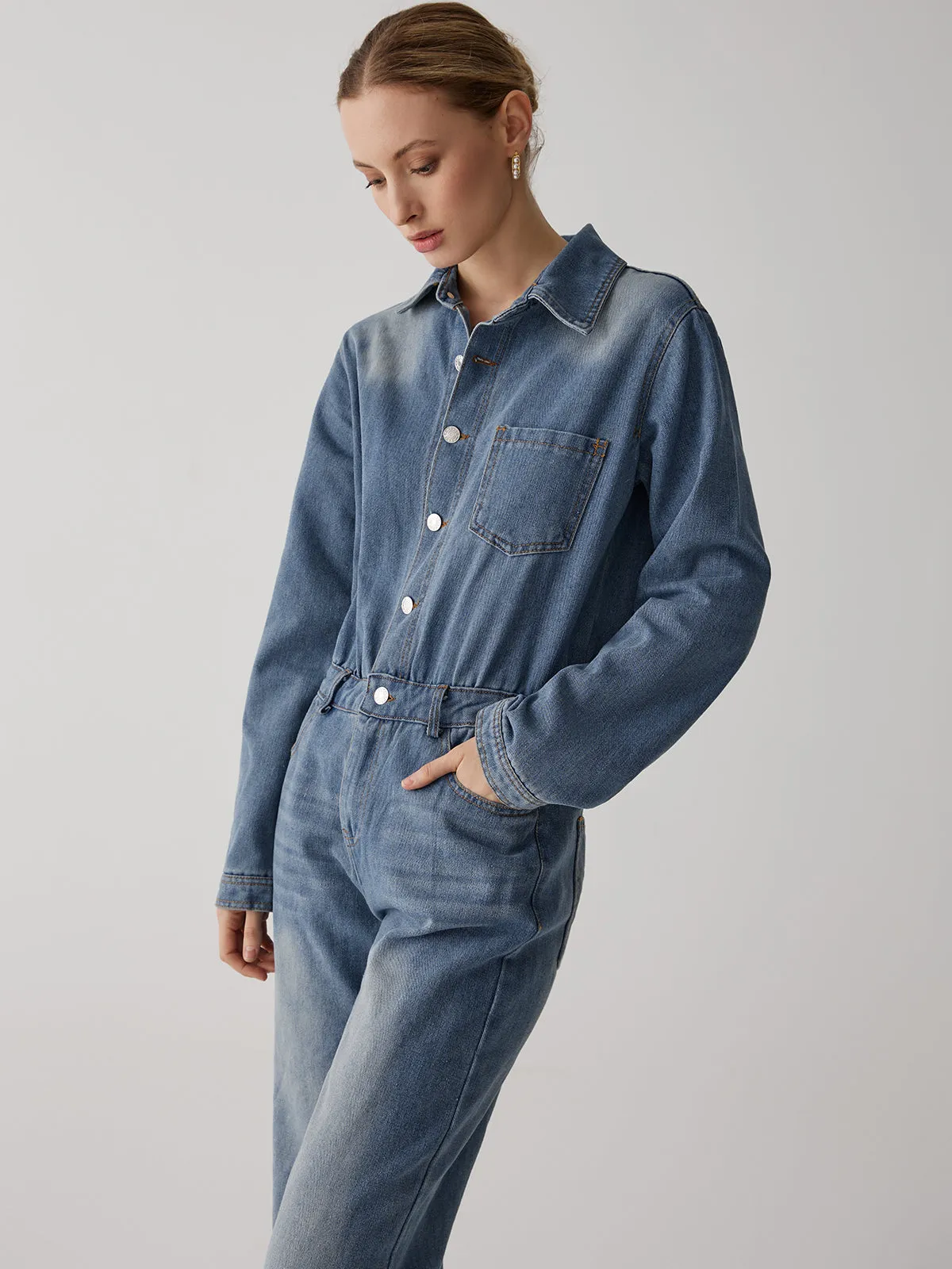 Denim Lapel Button Straight Leg Jumpsuit sold by COMMENSE product image thumbnail 3