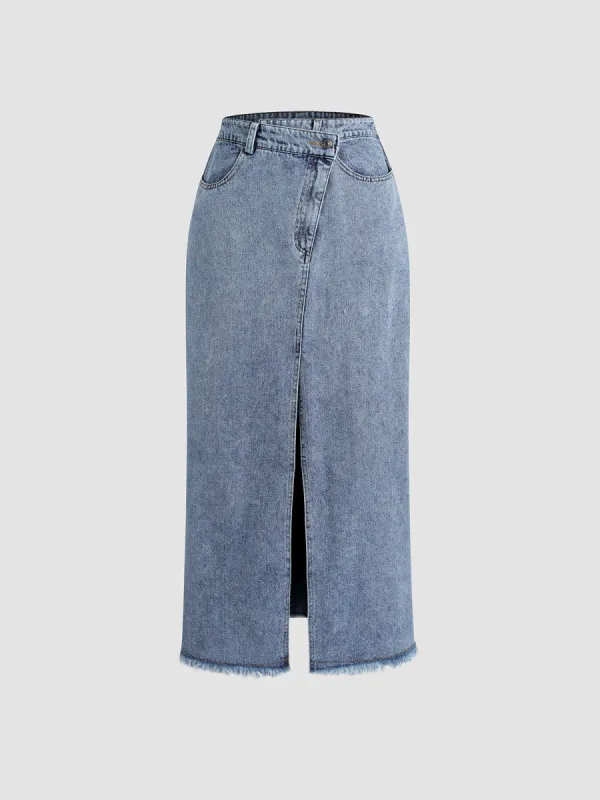 Asymmetrical Button Pockets Slit Denim Maxi Skirt sold by COMMENSE