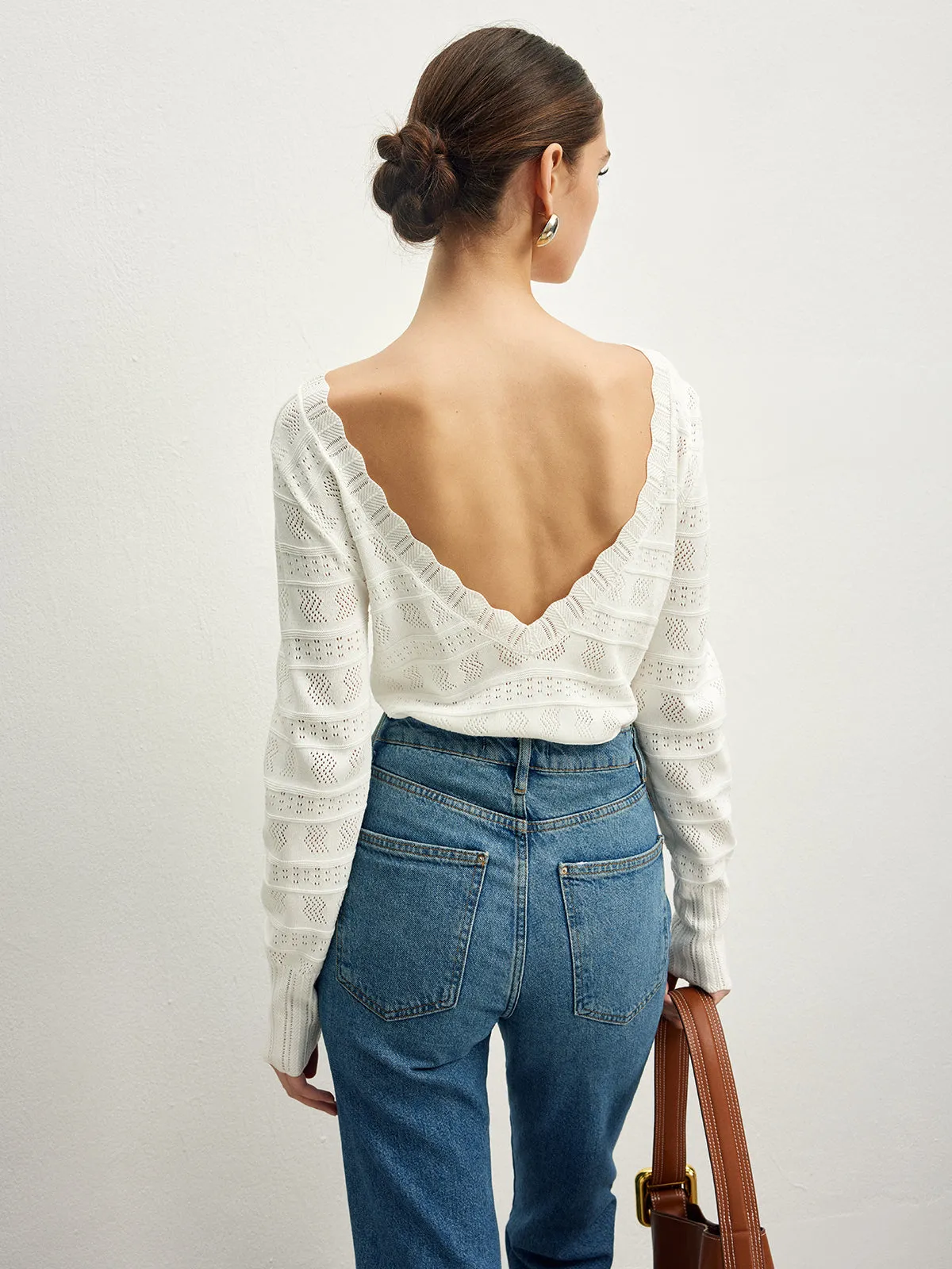Lettuce Trim Backless Pointelle Knit Top sold by COMMENSE