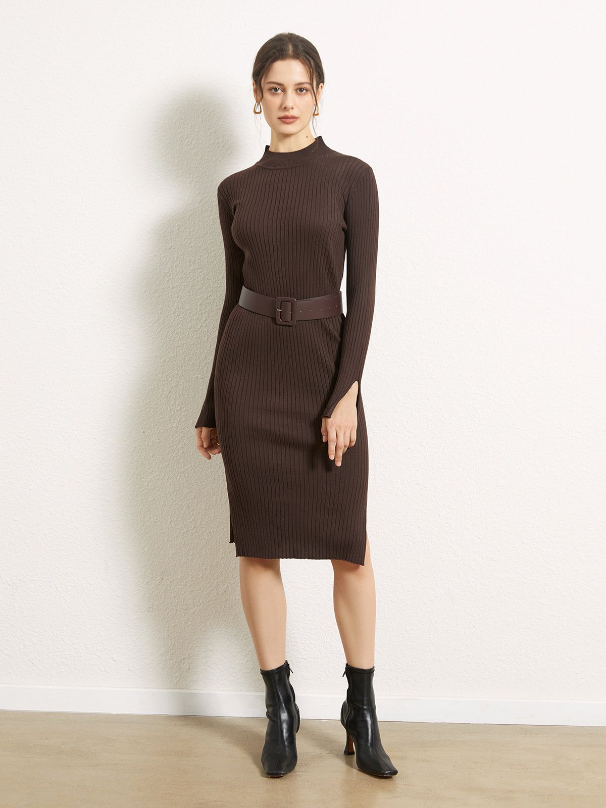Mistglen Belted Slit Sweater Midi Dress sold by COMMENSE product image thumbnail 3