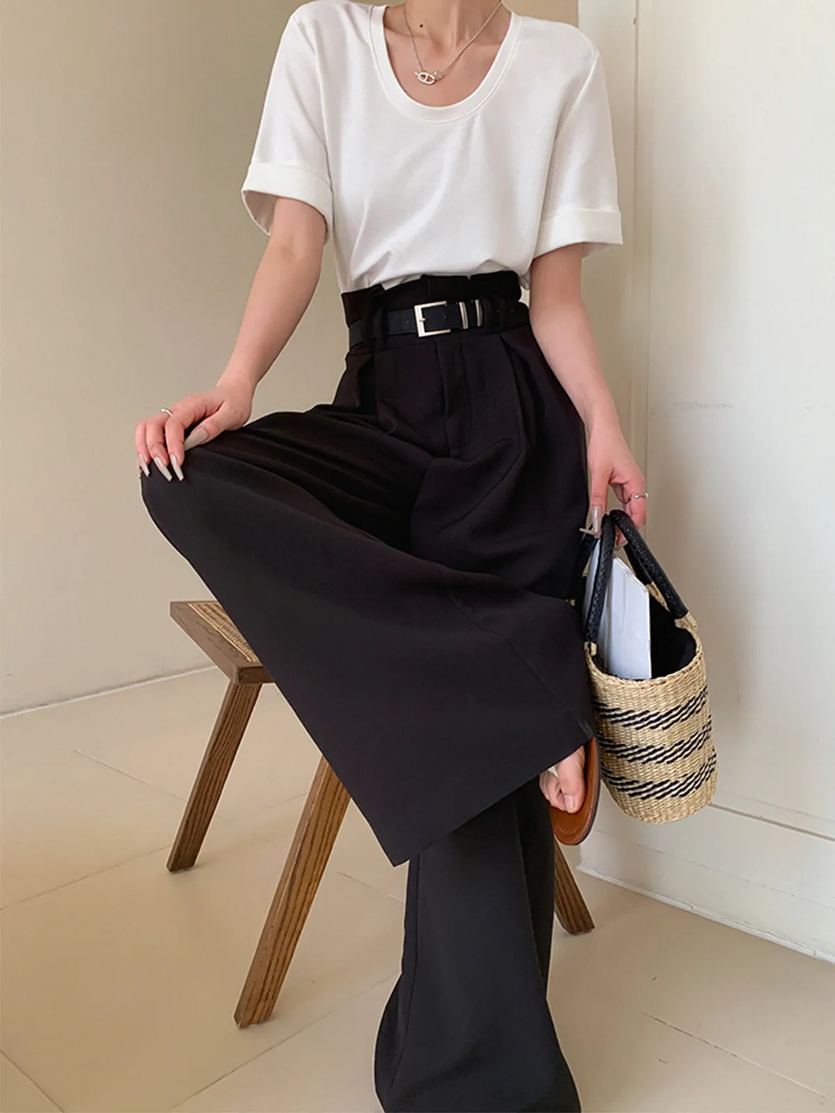Solid Wide Leg Pants Without Belt sold by COMMENSE product image thumbnail 4