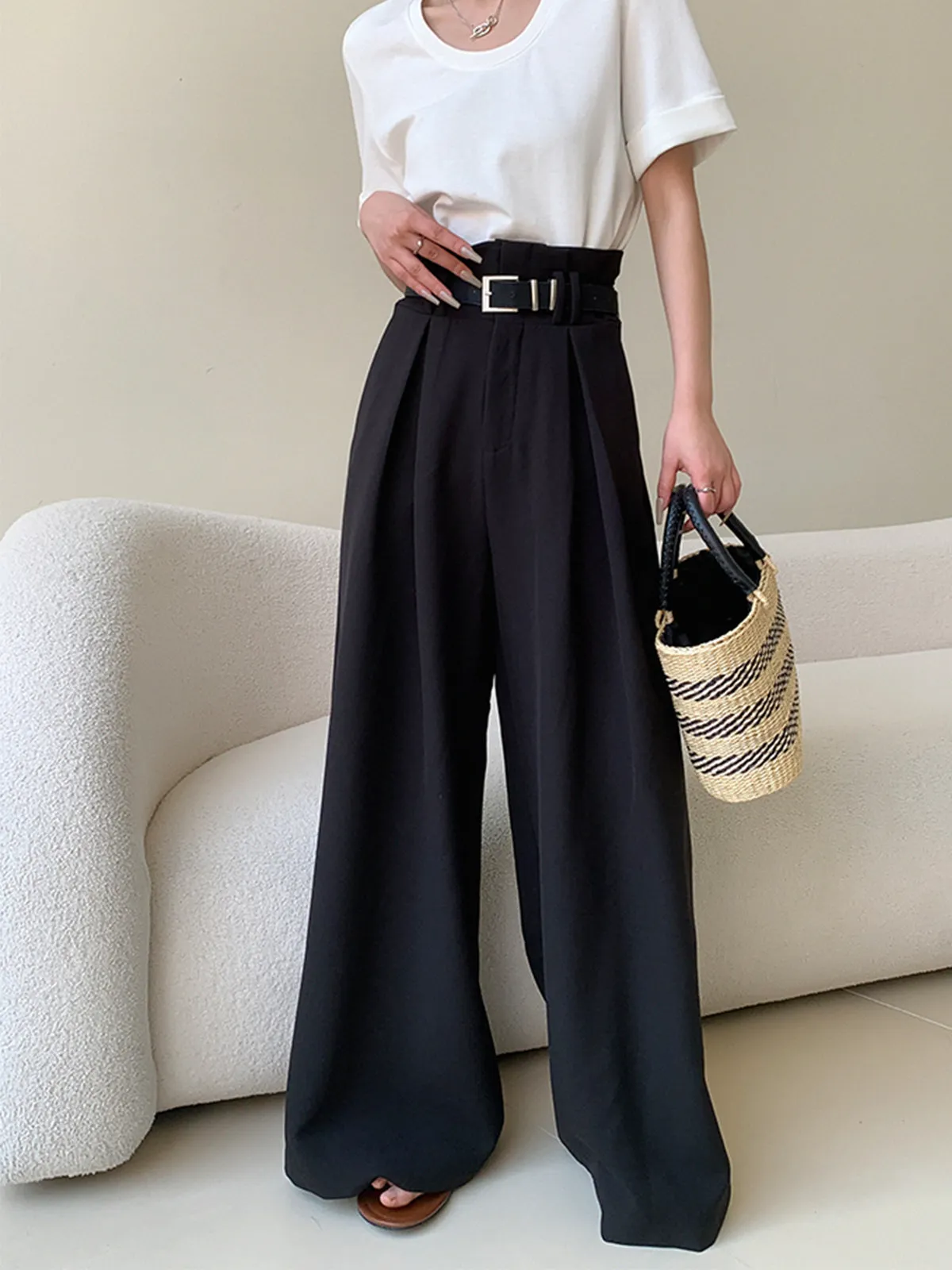 Solid Wide Leg Pants Without Belt sold by COMMENSE