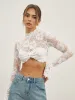 Rose Lace Mesh Mock Neck Crop Top sold by COMMENSE