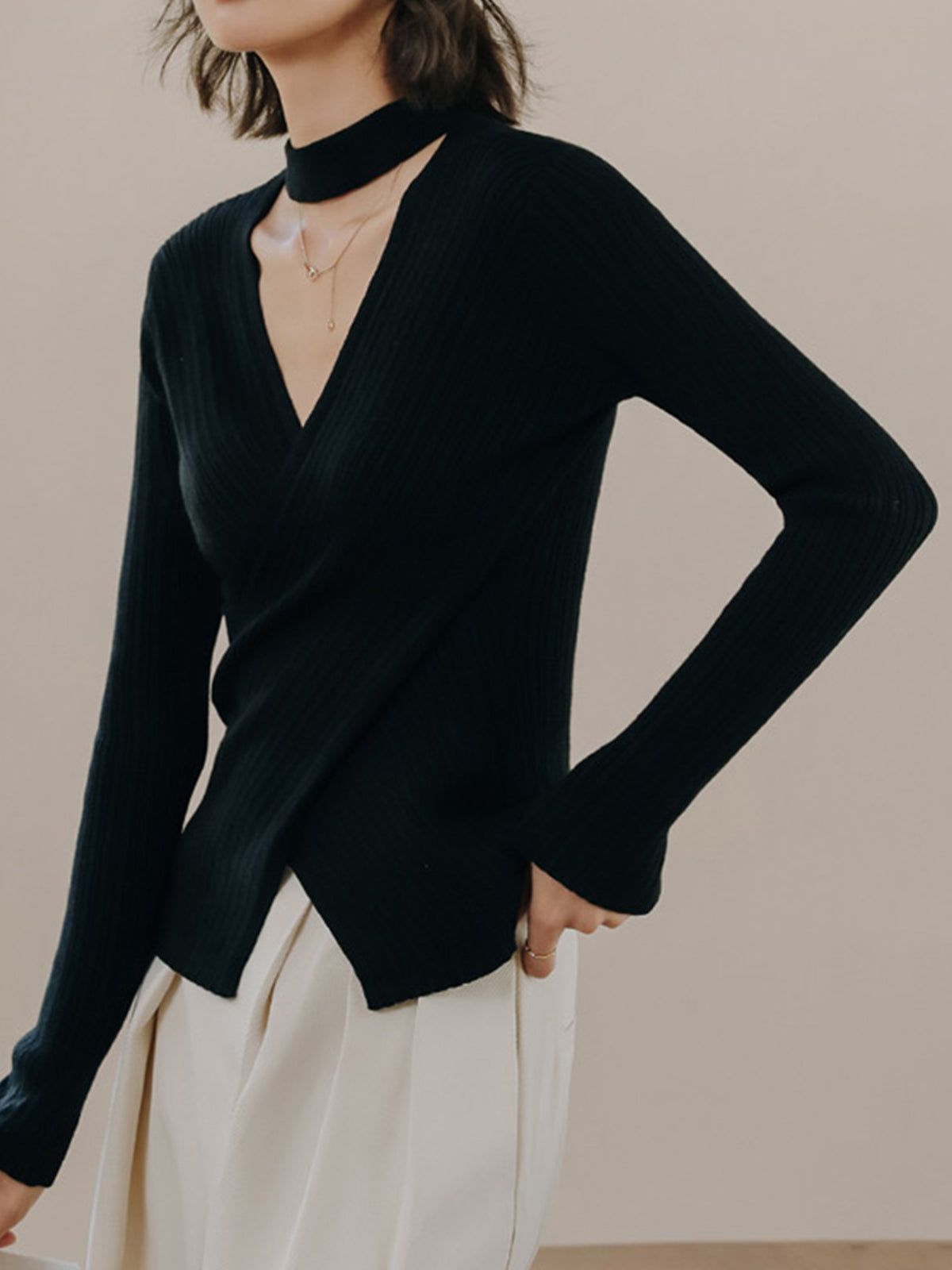 Cross Mock Neck Knit Top sold by COMMENSE