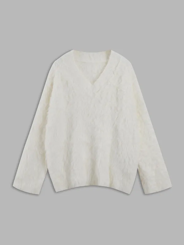 Winter Snow Furry V-Neck Sweater sold by COMMENSE