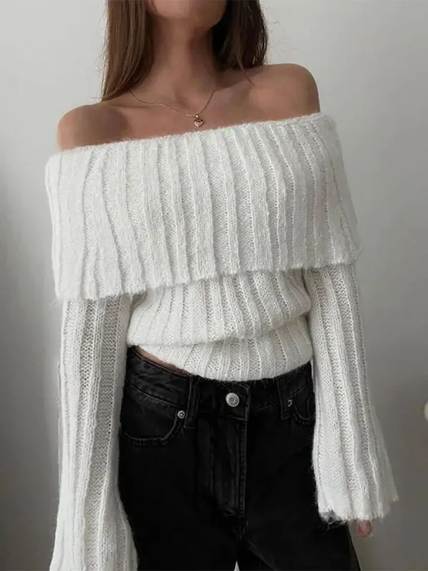 Ribbed Knit Overfold Off Shoulder Knit Top sold by COMMENSE