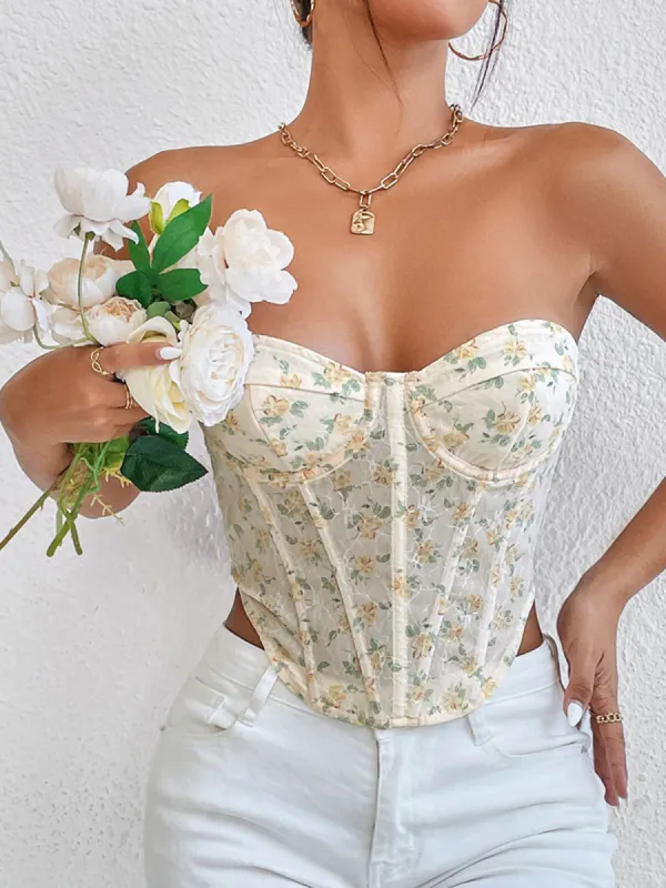 Tied Floral Mesh Crop Corset Top sold by COMMENSE