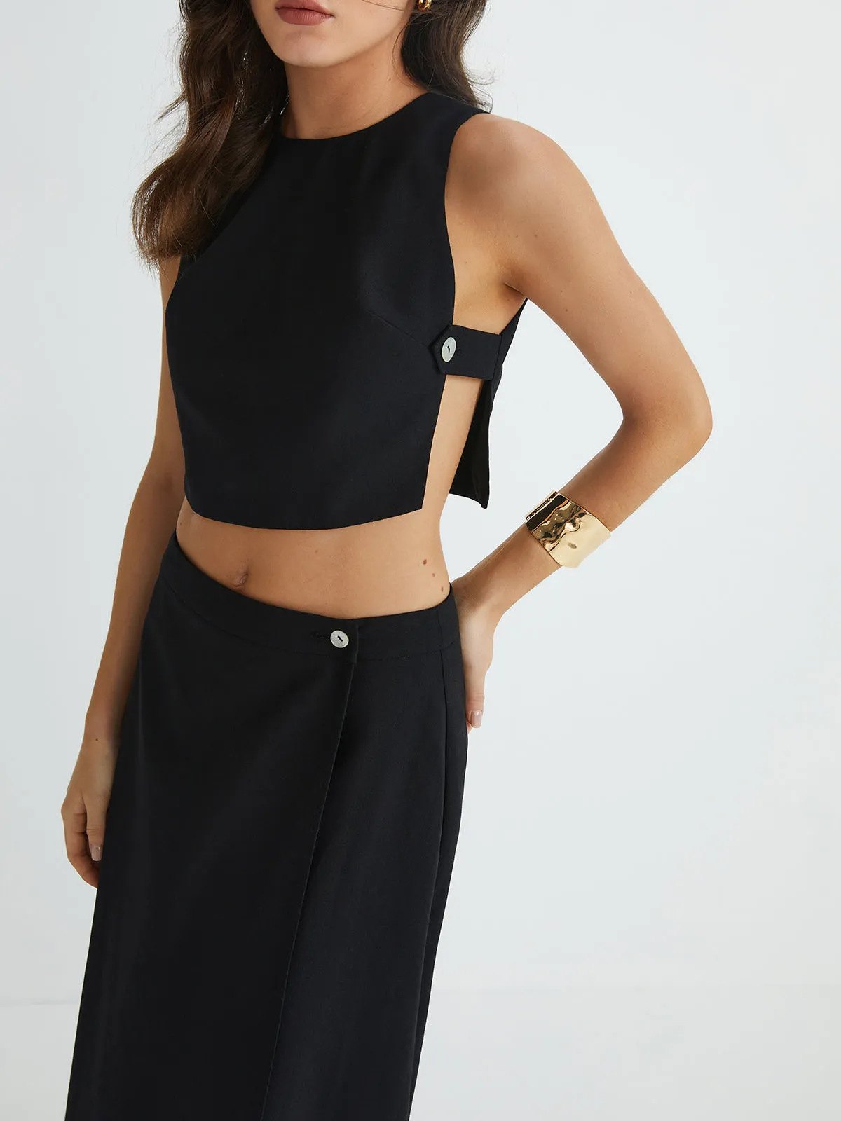 Plain Button Detail Top With Split Maxi Skirt Set sold by COMMENSE