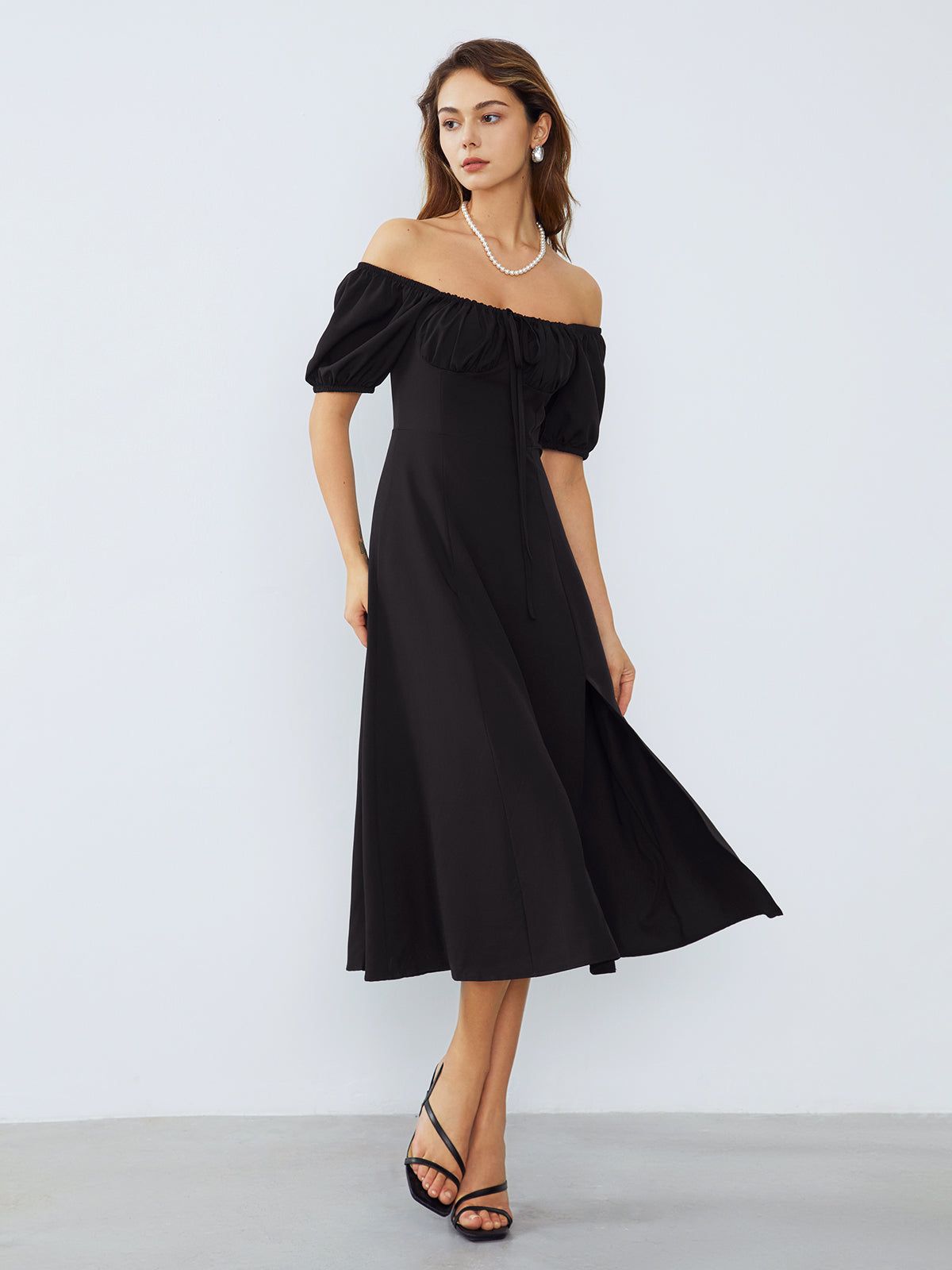 Off Shoulder Puff Sleeve Midi Dress sold by COMMENSE product image thumbnail 4