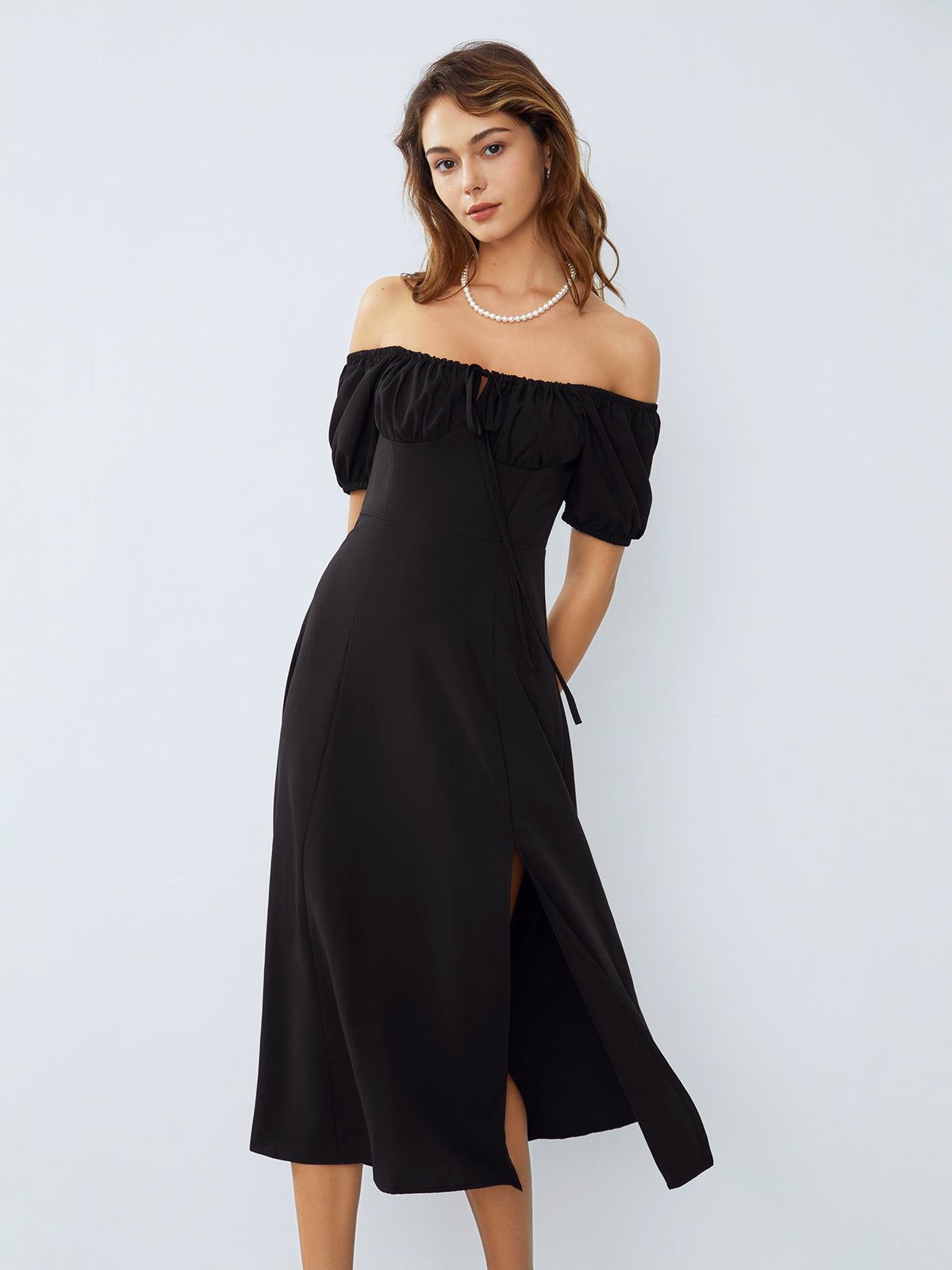 Off Shoulder Puff Sleeve Midi Dress sold by COMMENSE product image thumbnail 5