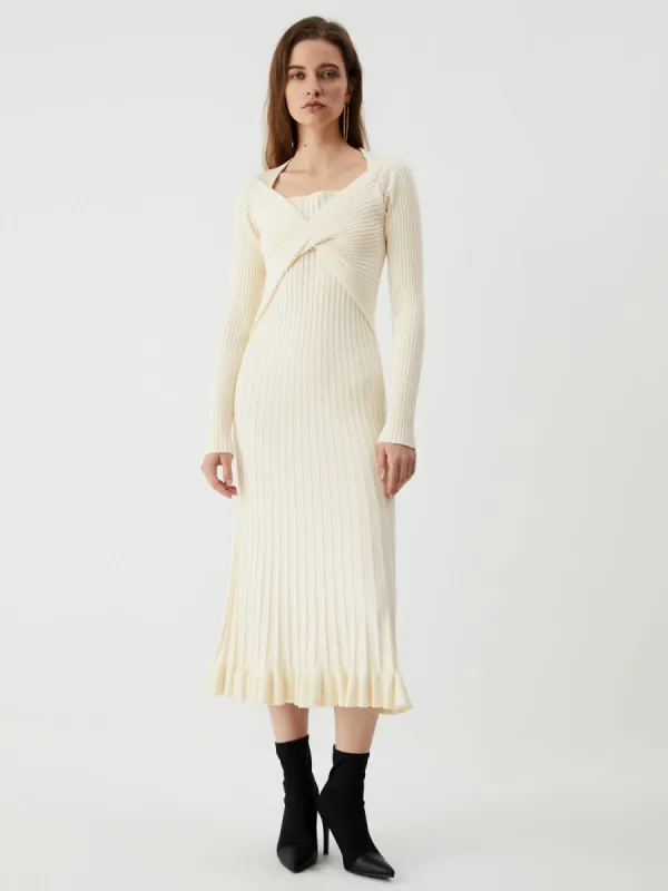 Cream Twsit Detail Long Sleeve Midi Sweater Dress sold by COMMENSE