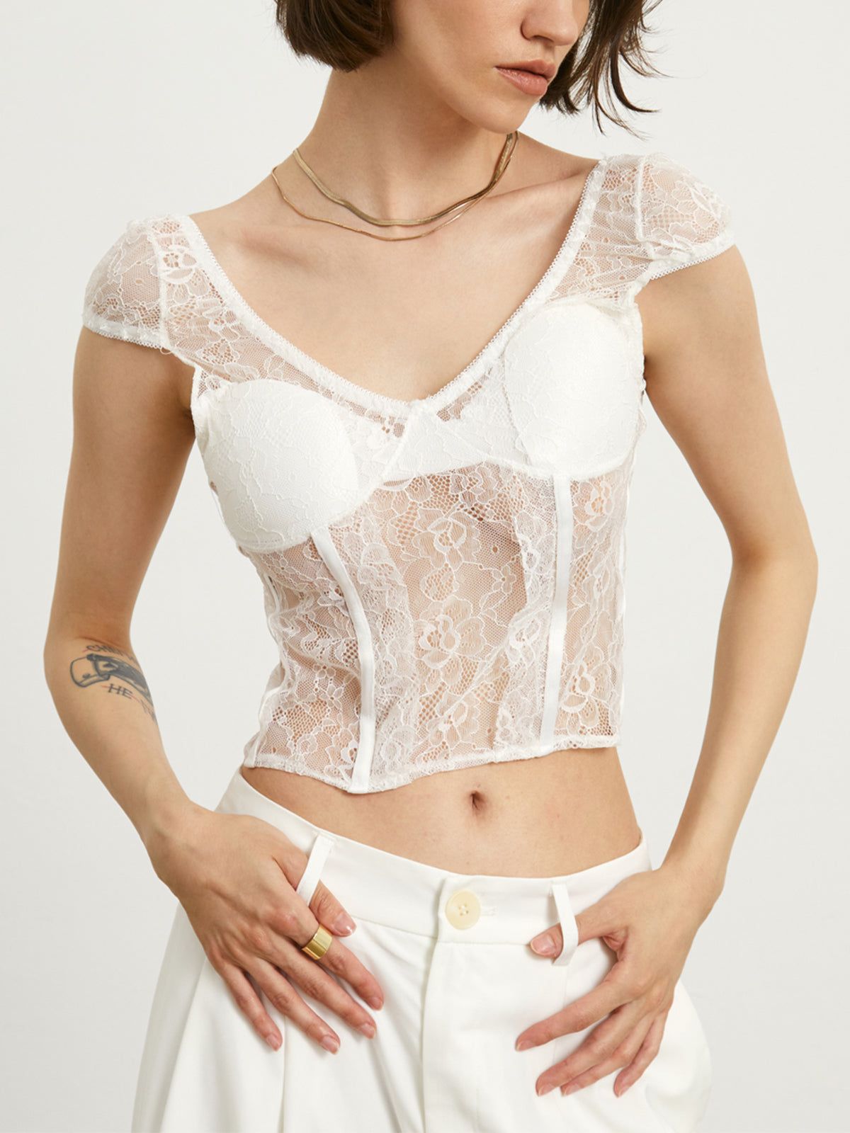 Cap Sleeve Floral Lace Crop Top sold by COMMENSE