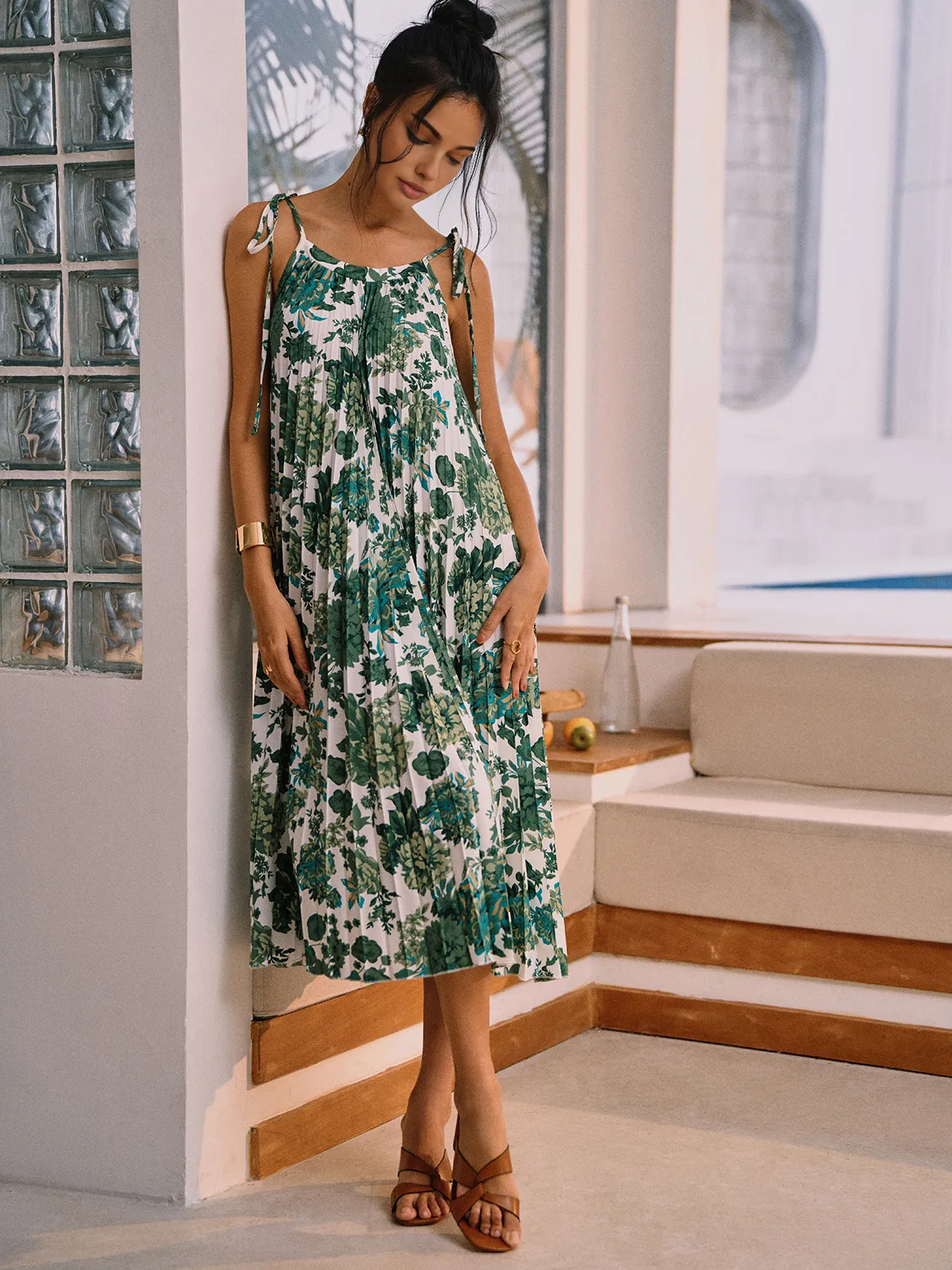 Floral Pleated Knotted Midi Dress sold by COMMENSE product image thumbnail 3