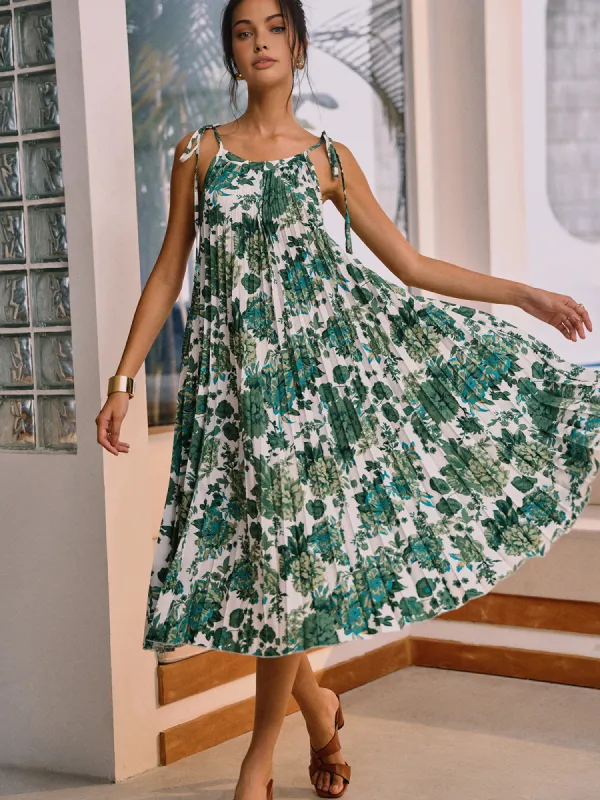 Floral Pleated Knotted Midi Dress sold by COMMENSE