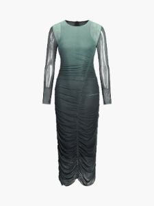 Ombre Green Mesh Long Sleeve Ruched Midi Dress sold by COMMENSE