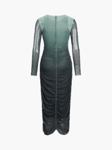 Ombre Green Mesh Long Sleeve Ruched Midi Dress sold by COMMENSE