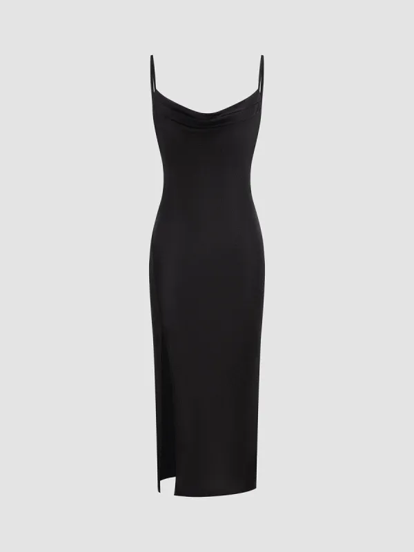 Solid Cowl Backless Slit Long Dress sold by COMMENSE