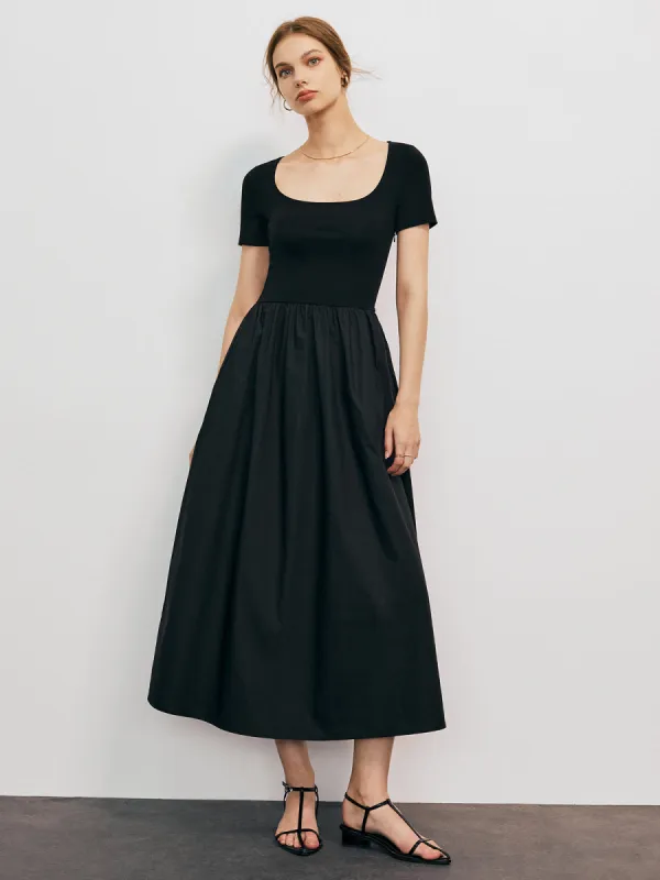 Solid Round Neck Pleated Midi Dress sold by COMMENSE