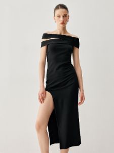 Asymmetric Off Shoulder Slit Knotted Midi Dress sold by COMMENSE